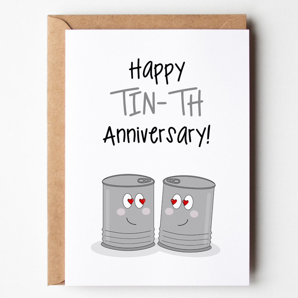 funny happy tin-th anniversary card with 2 cute tin cans in love