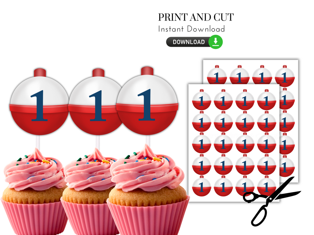 printable and editable fishing cupcake toppers in the shape of a bobber