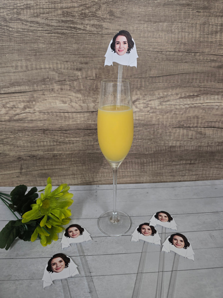 Personalized face drink stirrers for bridal shower 