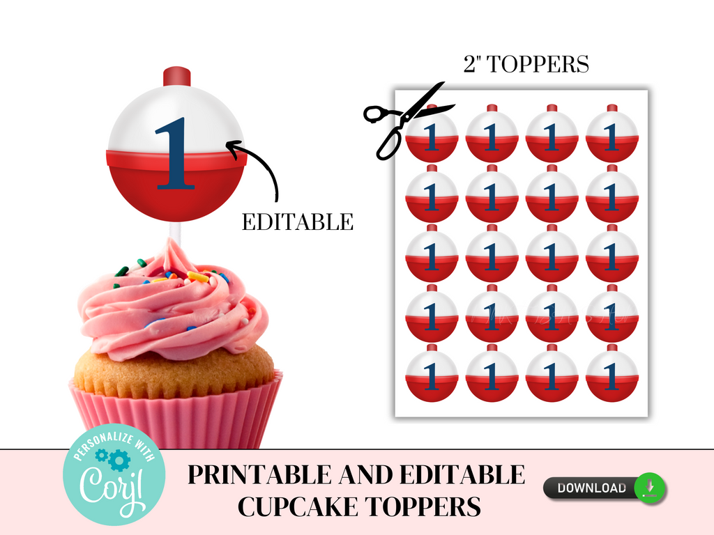 First birthday fishing cupcake toppers, print and cut, DIY