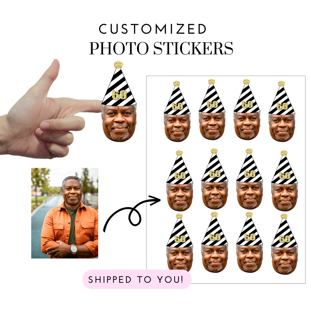 custom 60th birthday photo stickers personalized with face and black and white party hat
