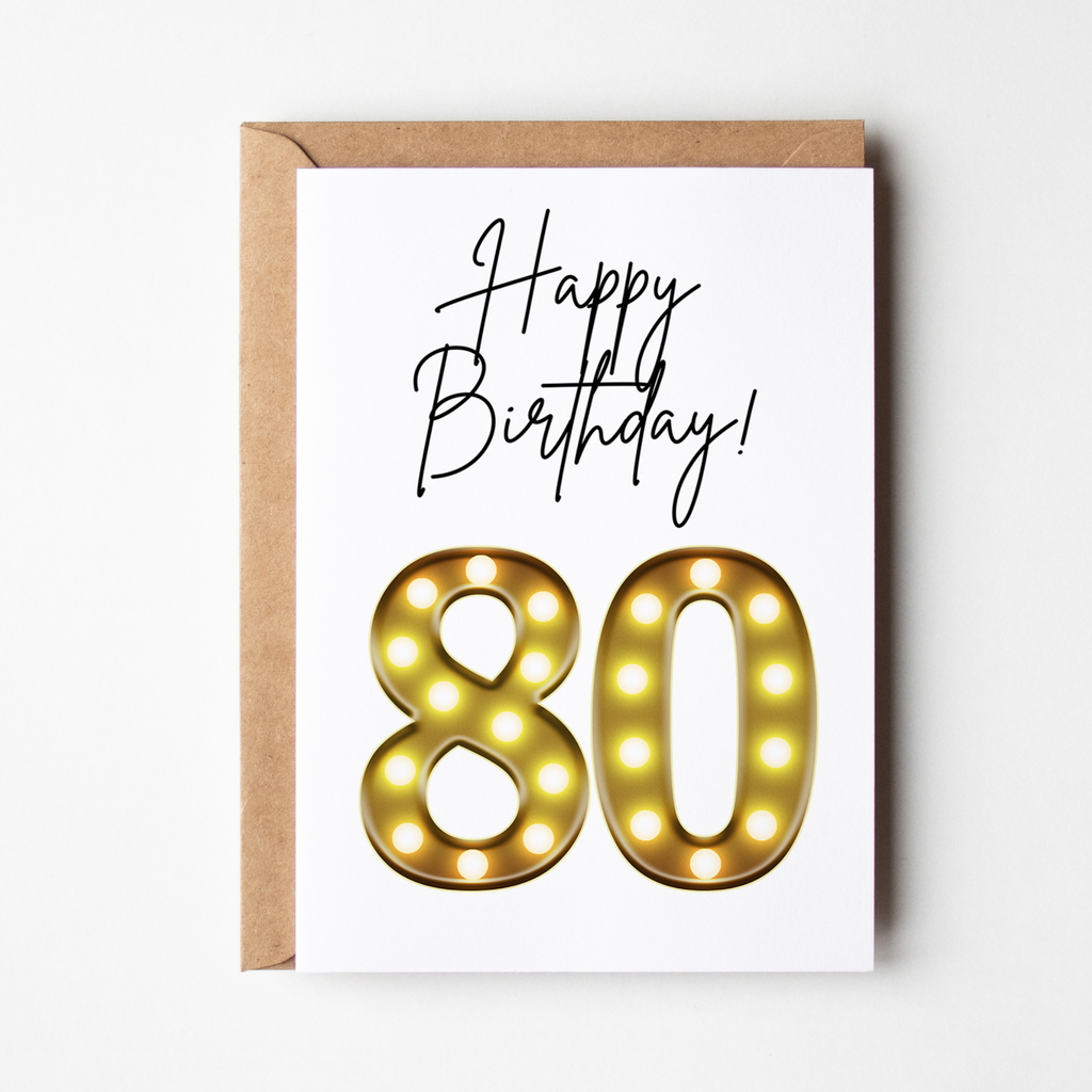 printable 80th birthday card with marquee lights