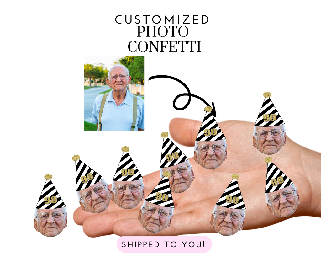 90th birthday confetti customized with photo and party hat