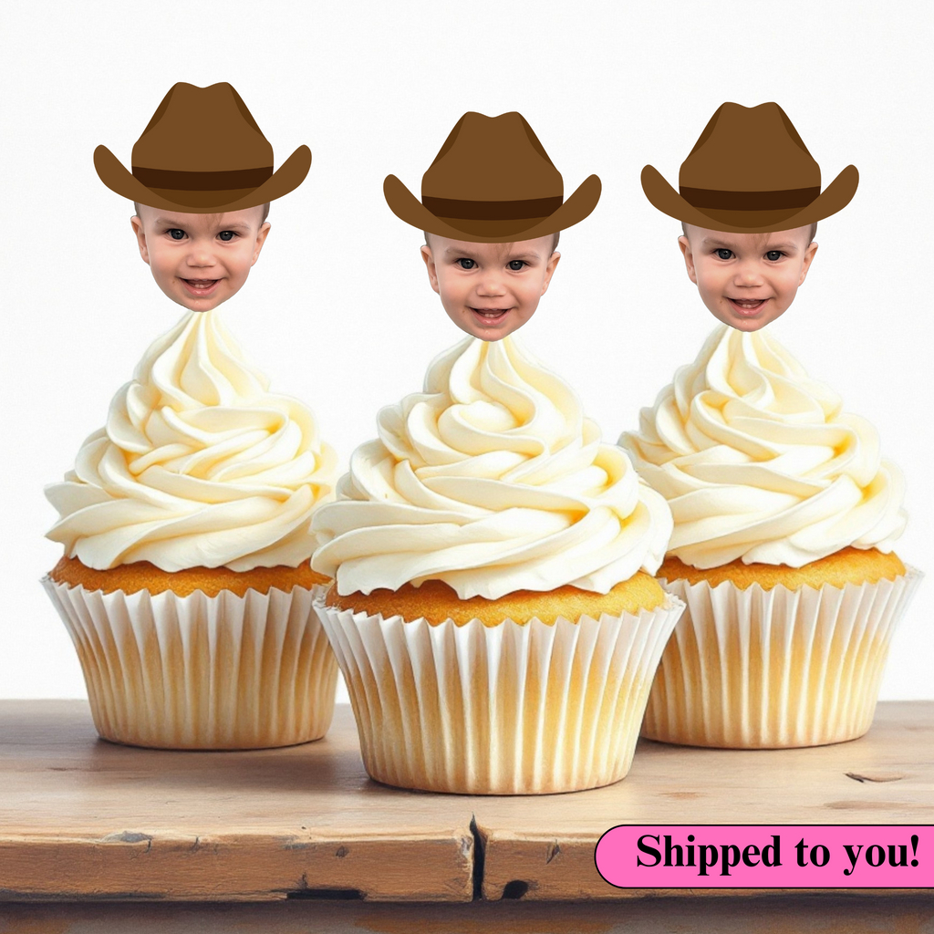 Custom face cupcake toppers for a rodeo-themed birthday party