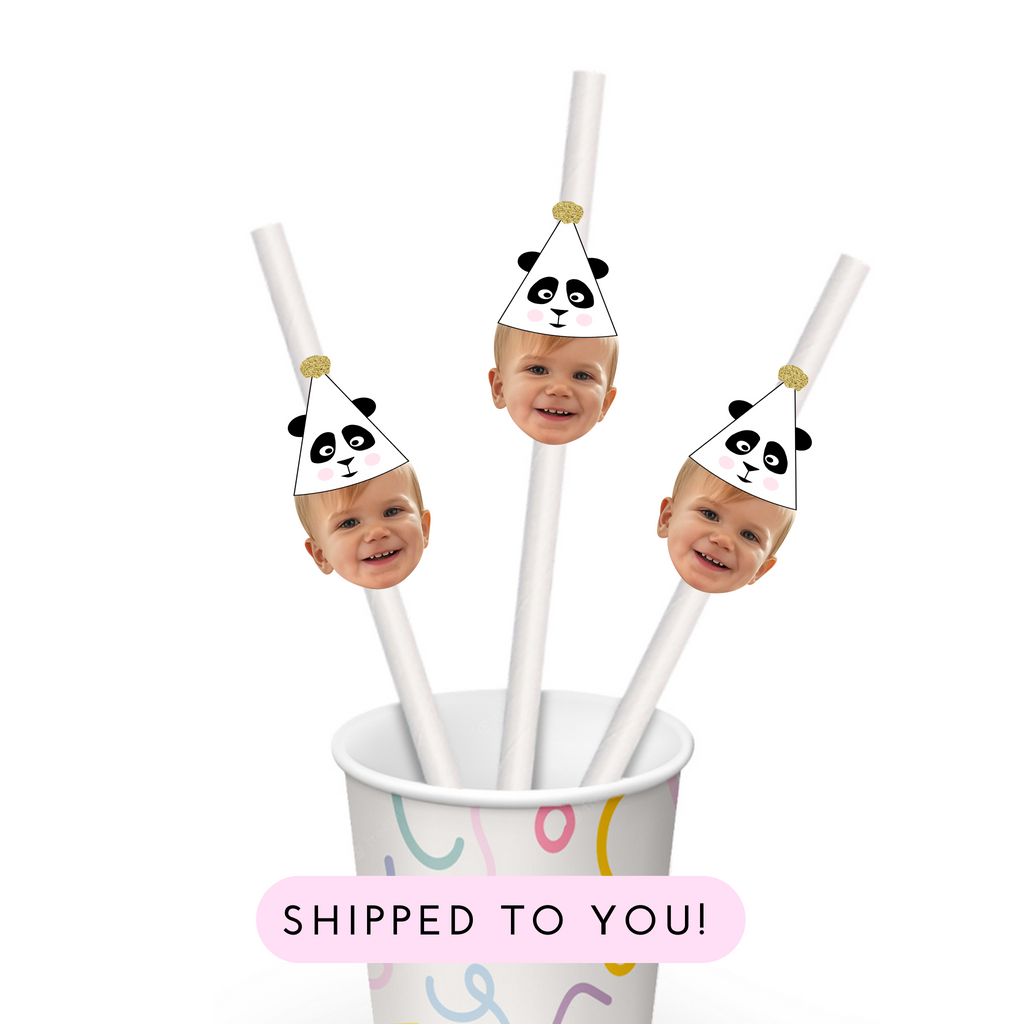 Custom paper straws with photo and panda party hat on top