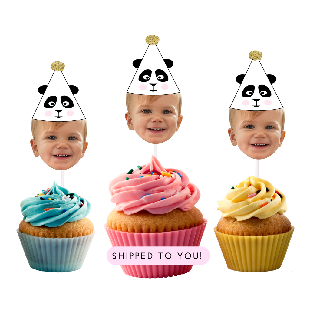 custom photo cupcake toppers personalized with panda hat on top