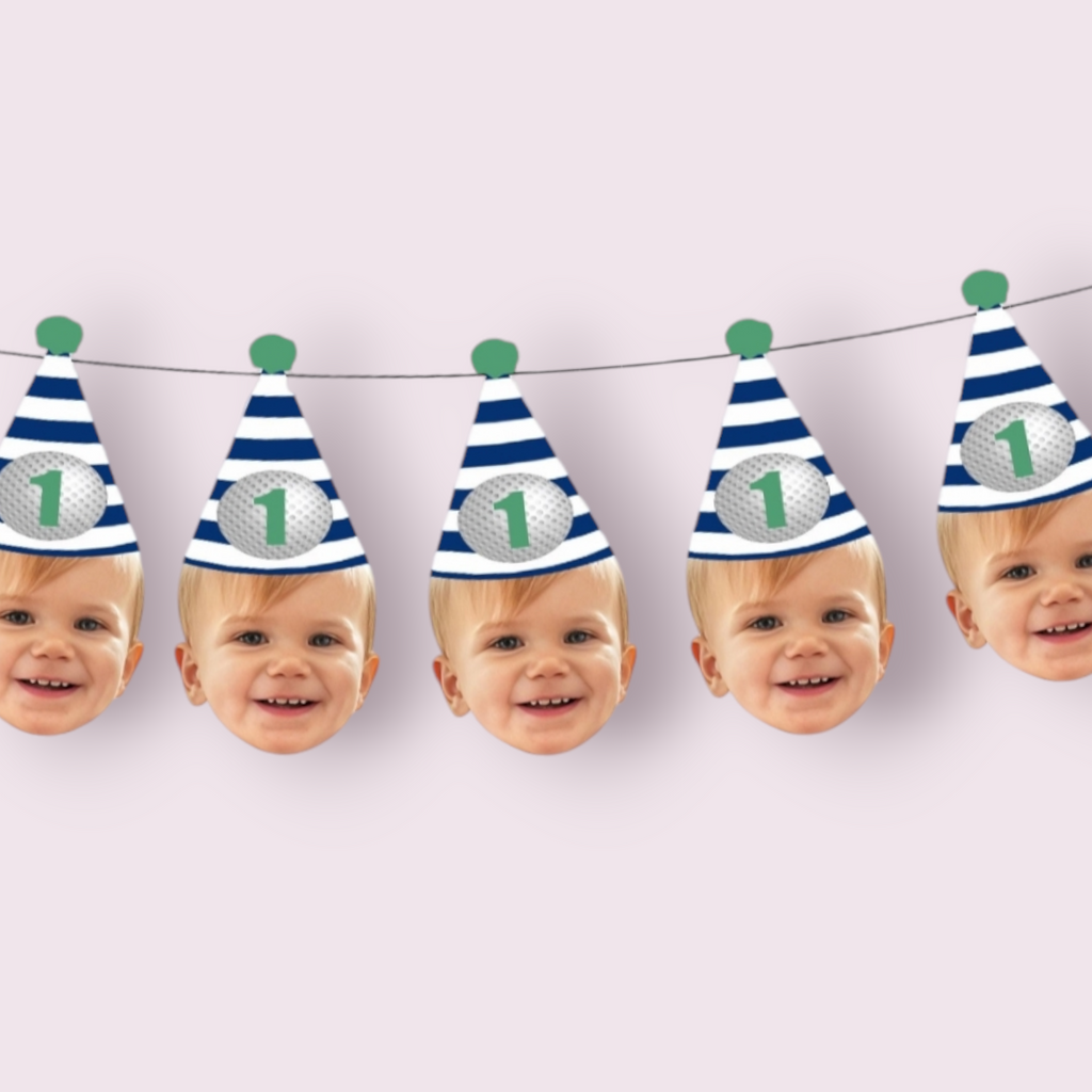 Golf Birthday Banner with Face and Party Hat