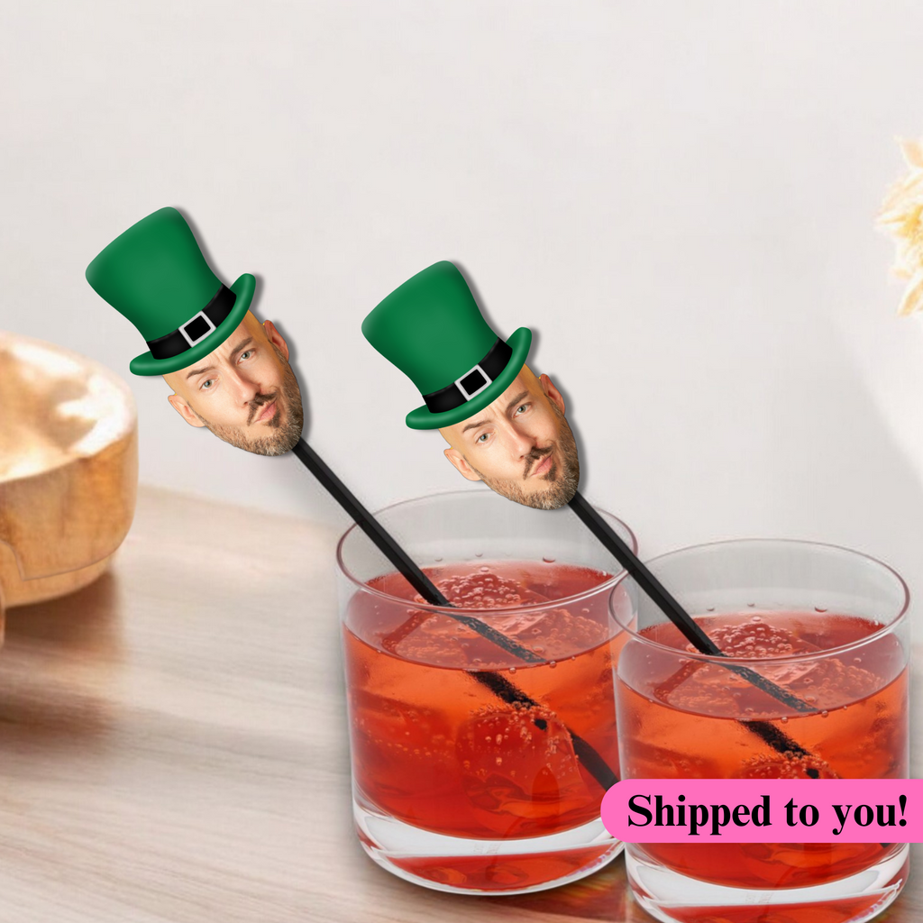 Personalized photo drink stirrer for St. pattys day with face and leprechaun hat
