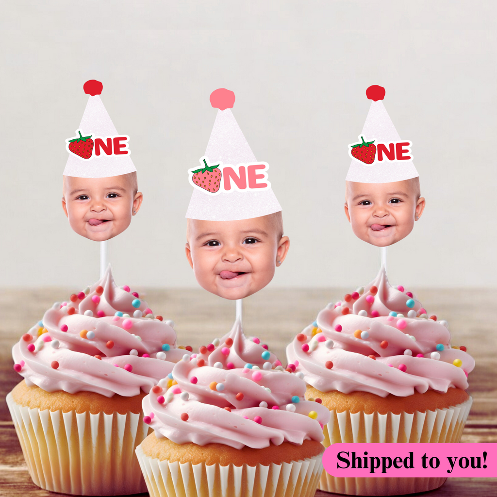 strawberry cupcake toppers with face and party hat