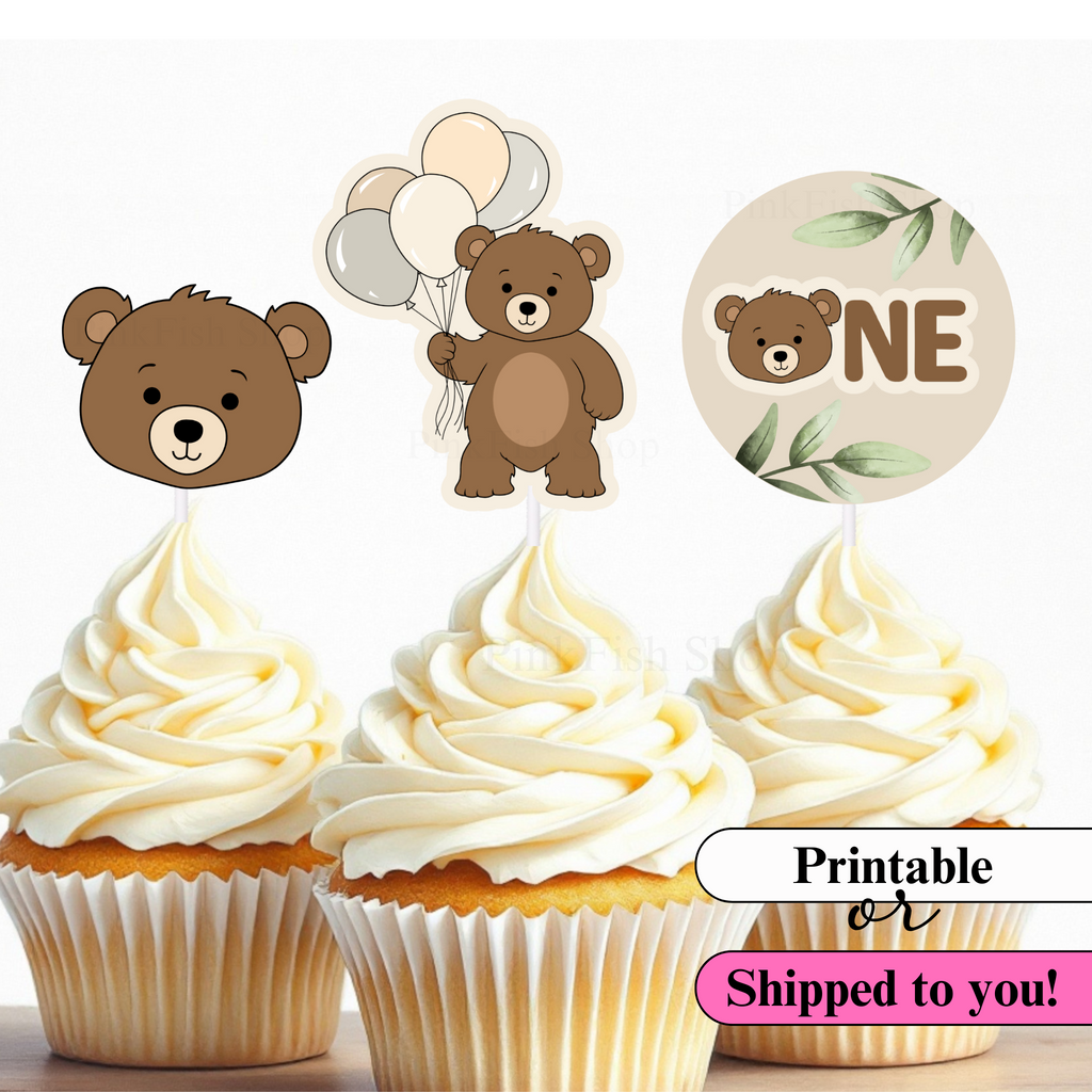 beary first birthday cupcake toppers in 3 different bear designs