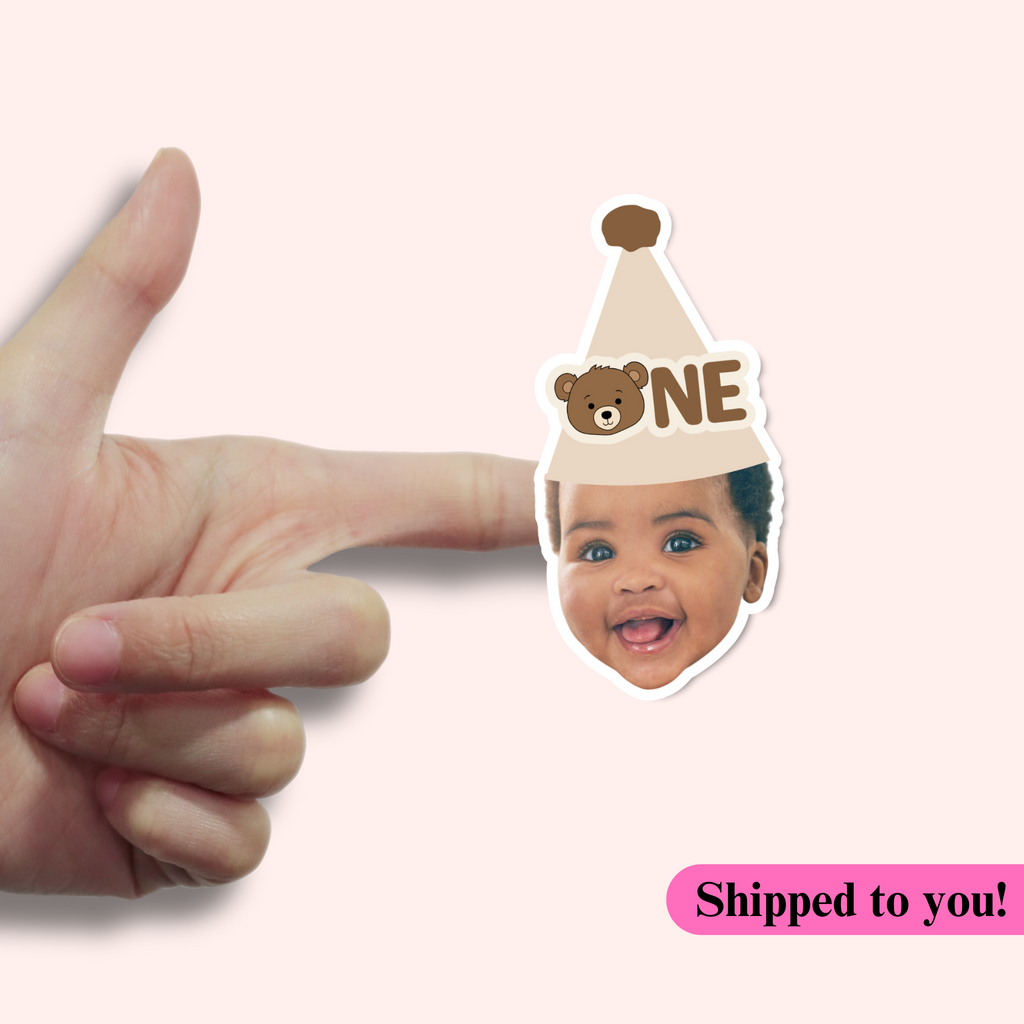 Personalized photo stickers with bear party hat for first birthday