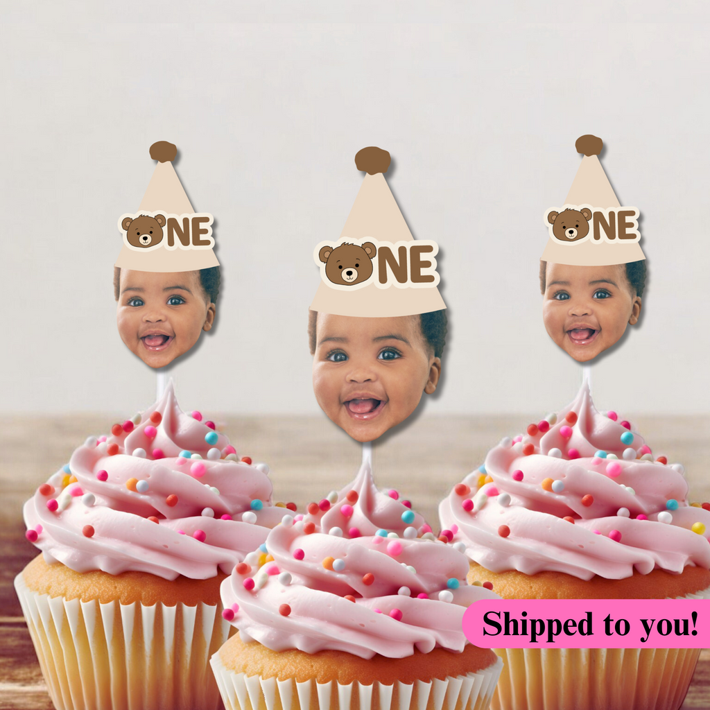 beary first birthday cupcake toppers personalized with photo