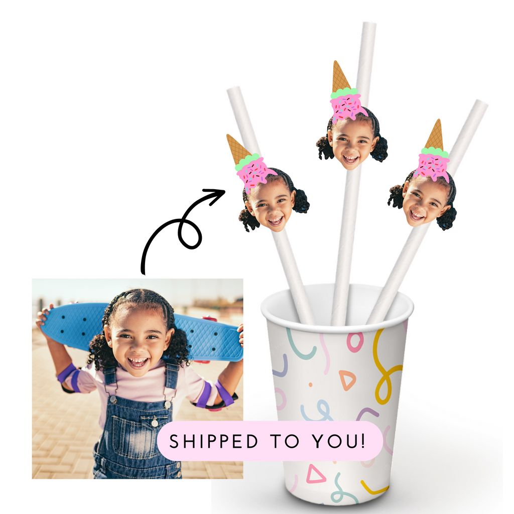 Custom photo straws with face and  a pink ice cream cone on top