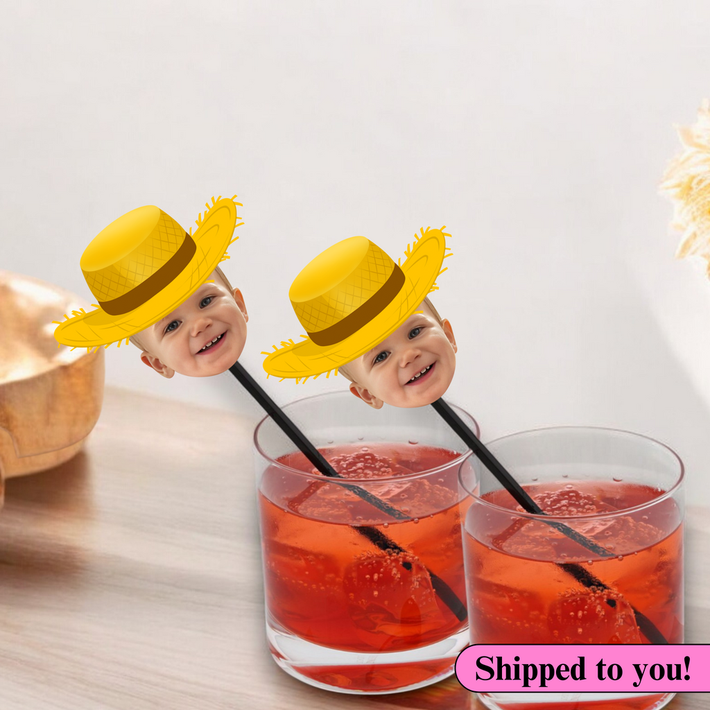 Custom photo drink stirrer with straw hat for farm birthday party