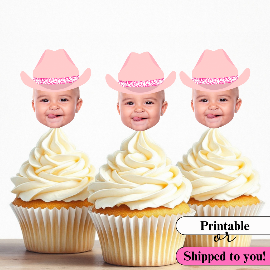 Custom Face Cupcake Toppers with Pink Cowgirl Hat for Country Party Decor