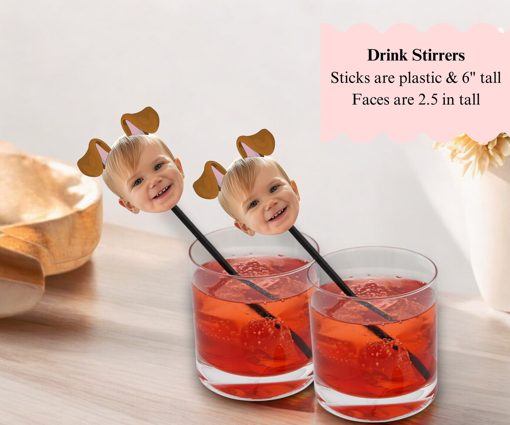 let's pawty drink stirrers with photo and dog ears
